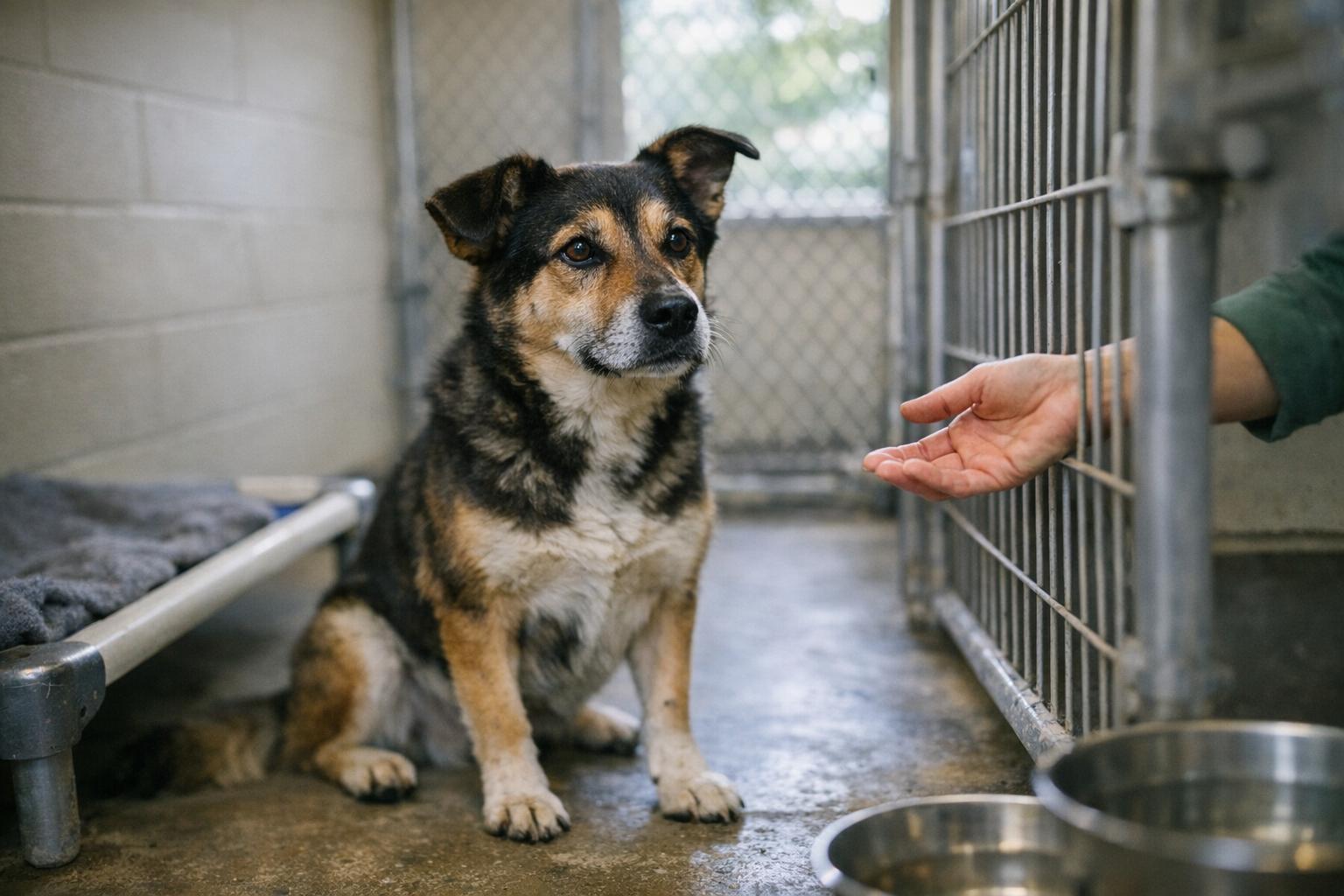 A mixed-breed dog sits inside a kennel at the Catoosa County Animal Shelter, natural light illuminating its fur.
