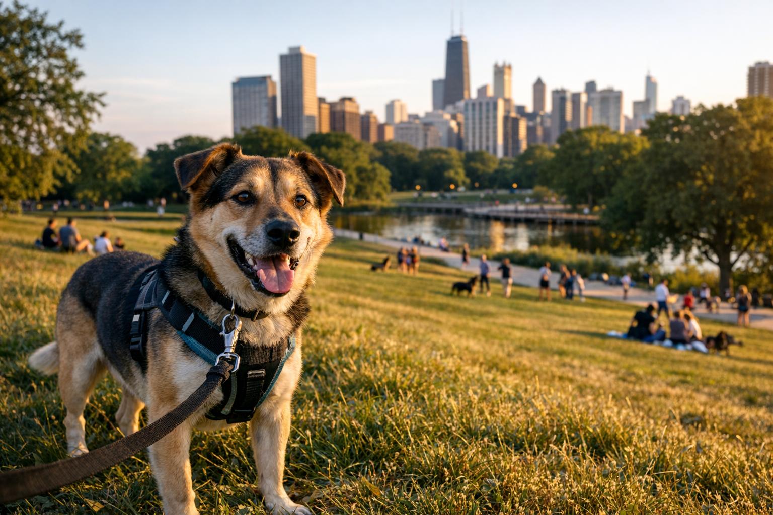 Mixed-breed dog on leash in Lincoln Park with people and other dogs in the background at golden hour