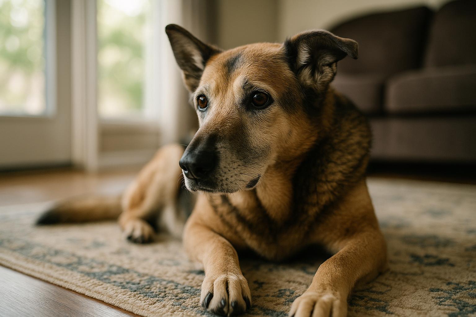 Senior dog resting on a living-room rug, alert and mobile, photographed in soft natural light.