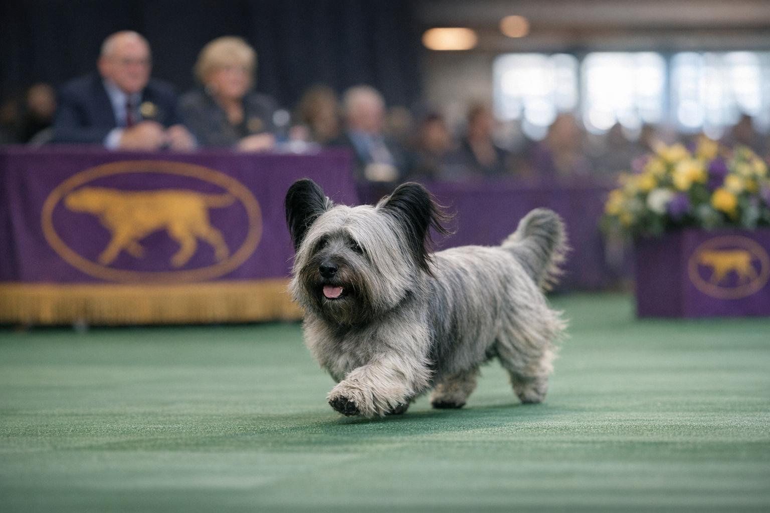 Skye terrier Archer trotting confidently across the Westminster show ring, surrounded by judges and spectators