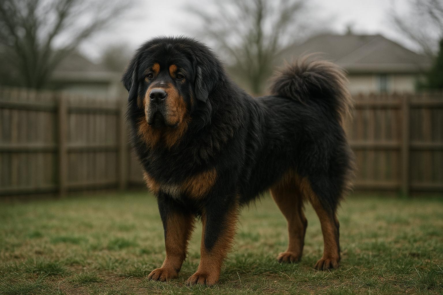 Tibetan Mastiff standing in a backyard with thick fur and calm expression