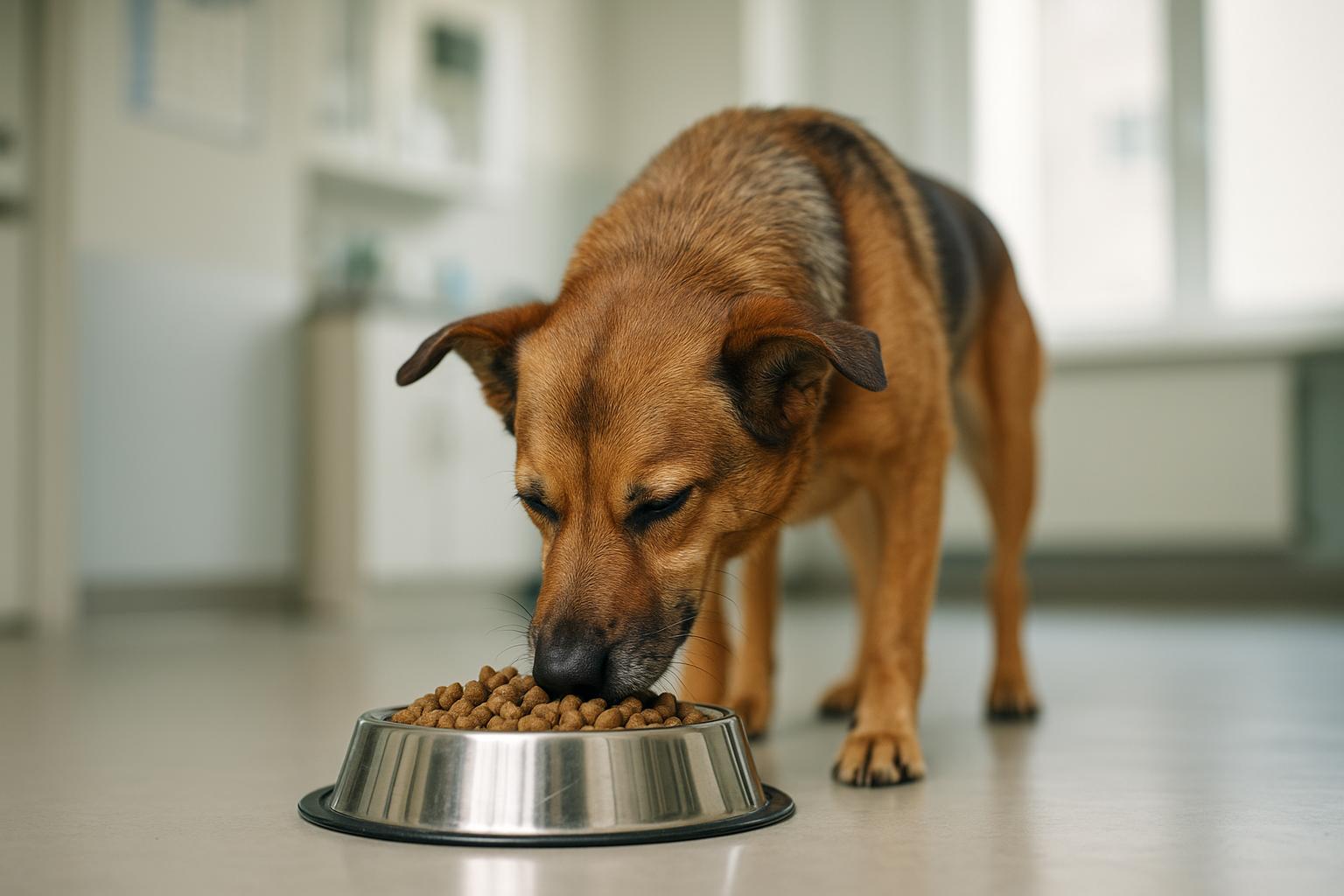 Healthy adult dog eating kibble from a stainless-steel bowl in a bright veterinary clinic, close-up.