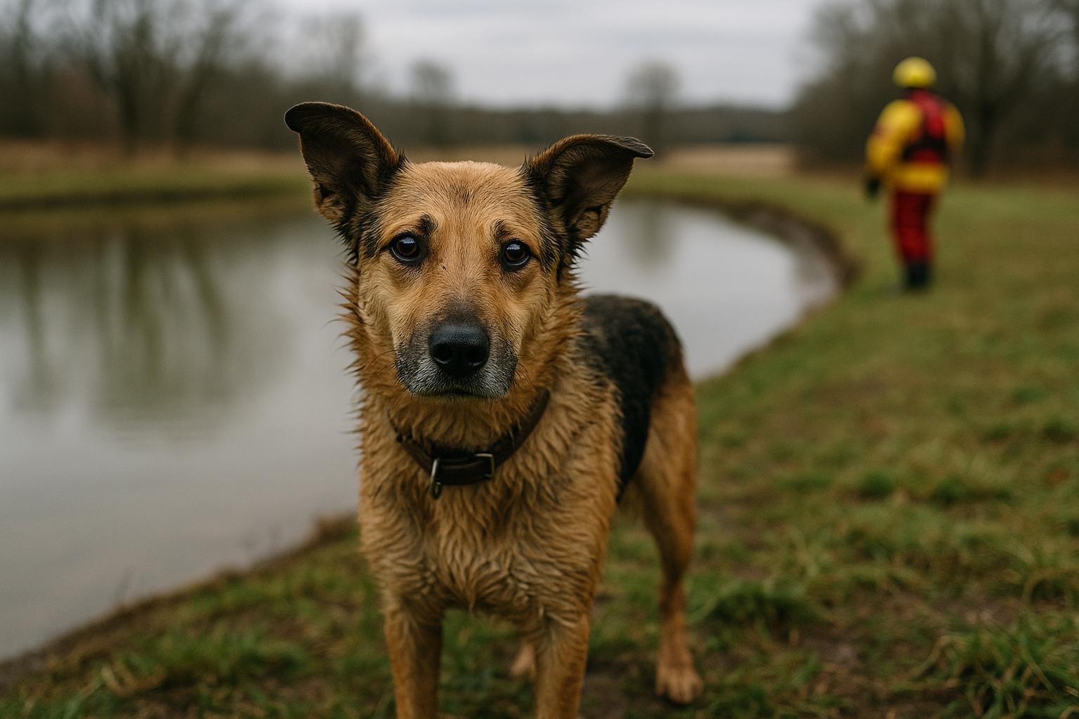 Archie, a skittish dog, standing on the shore of a pond after being rescued from thin ice, with rescuers in the distance