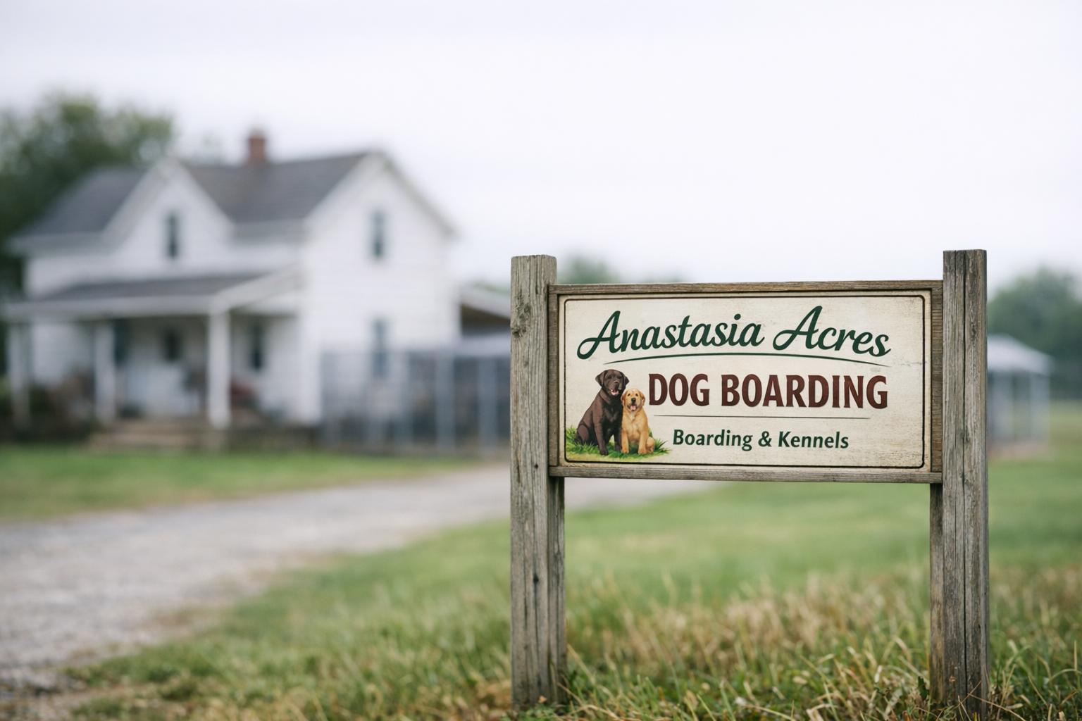 Exterior shot of Anastasia Acres Dog Boarding sign and facility under overcast sky, documentary-style photograph