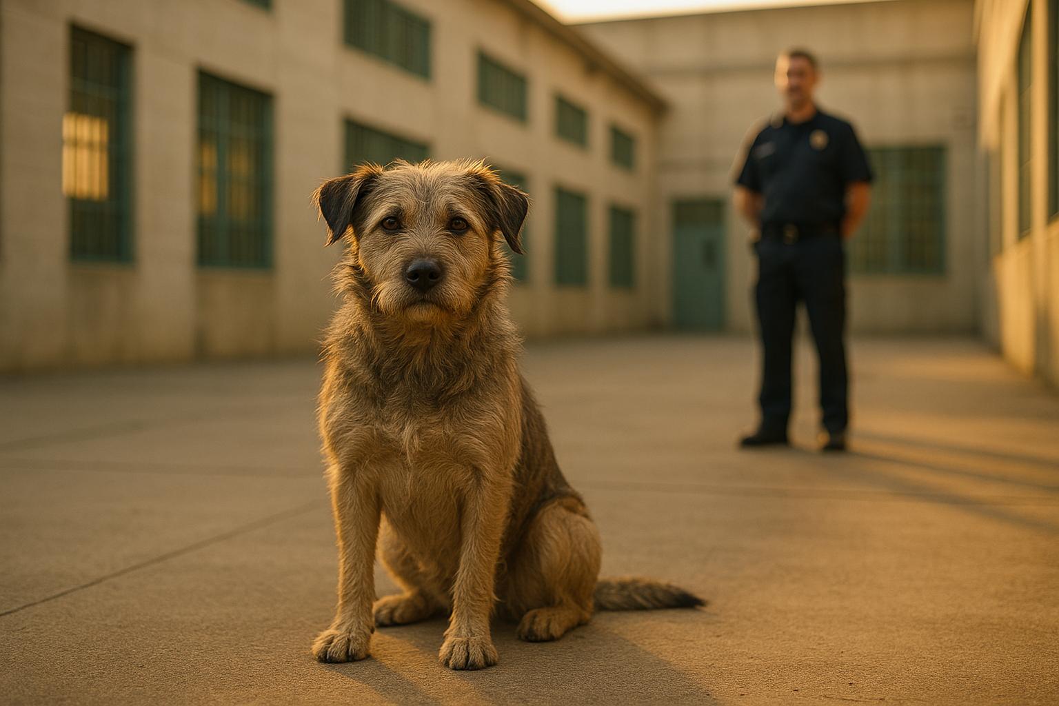 A medium‑sized shelter dog sits calmly in a supervised prison program courtyard as a facilitator looks on, photographed in warm late afternoon light.