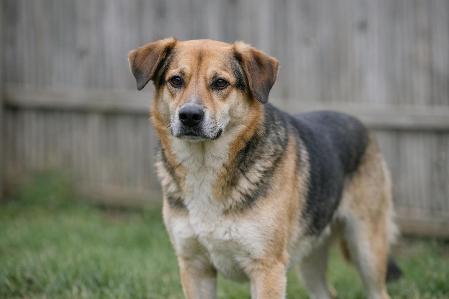 A healthy mixed-breed dog standing in a suburban backyard after being rescued, calm and alert.