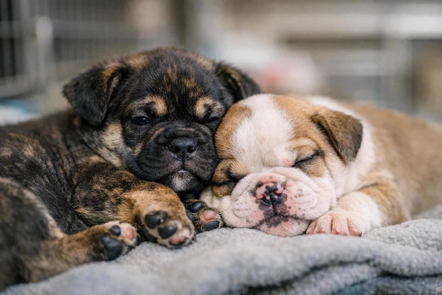 Two newborn puppies, Nutcracker and Sugar Plum, German Shepherd and Bulldog mixes, resting together on a blanket in a shelter clinic