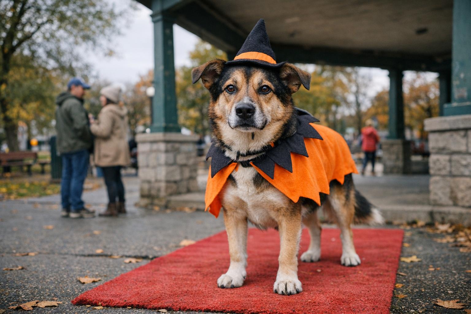 A mixed-breed dog wearing a Halloween costume stands on a red carpet in a park setting with blurred people and autumn trees in the background.