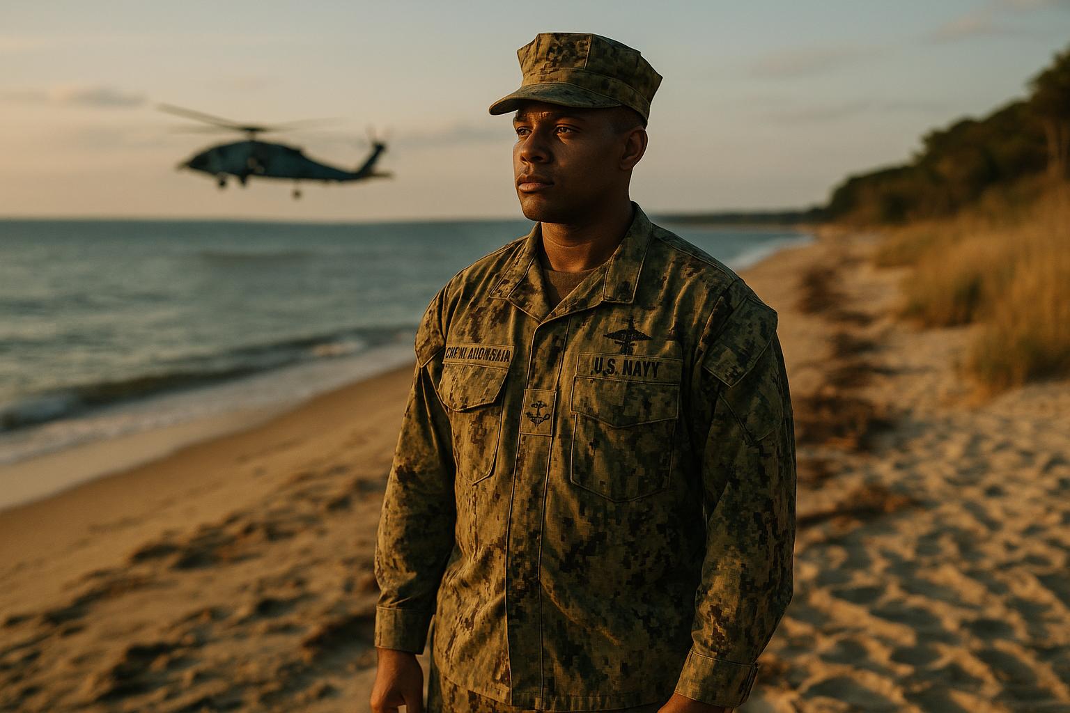 Hospital corpsman on a Maryland beach near Naval Air Station Patuxent River during a search-and-rescue qualification exercise.