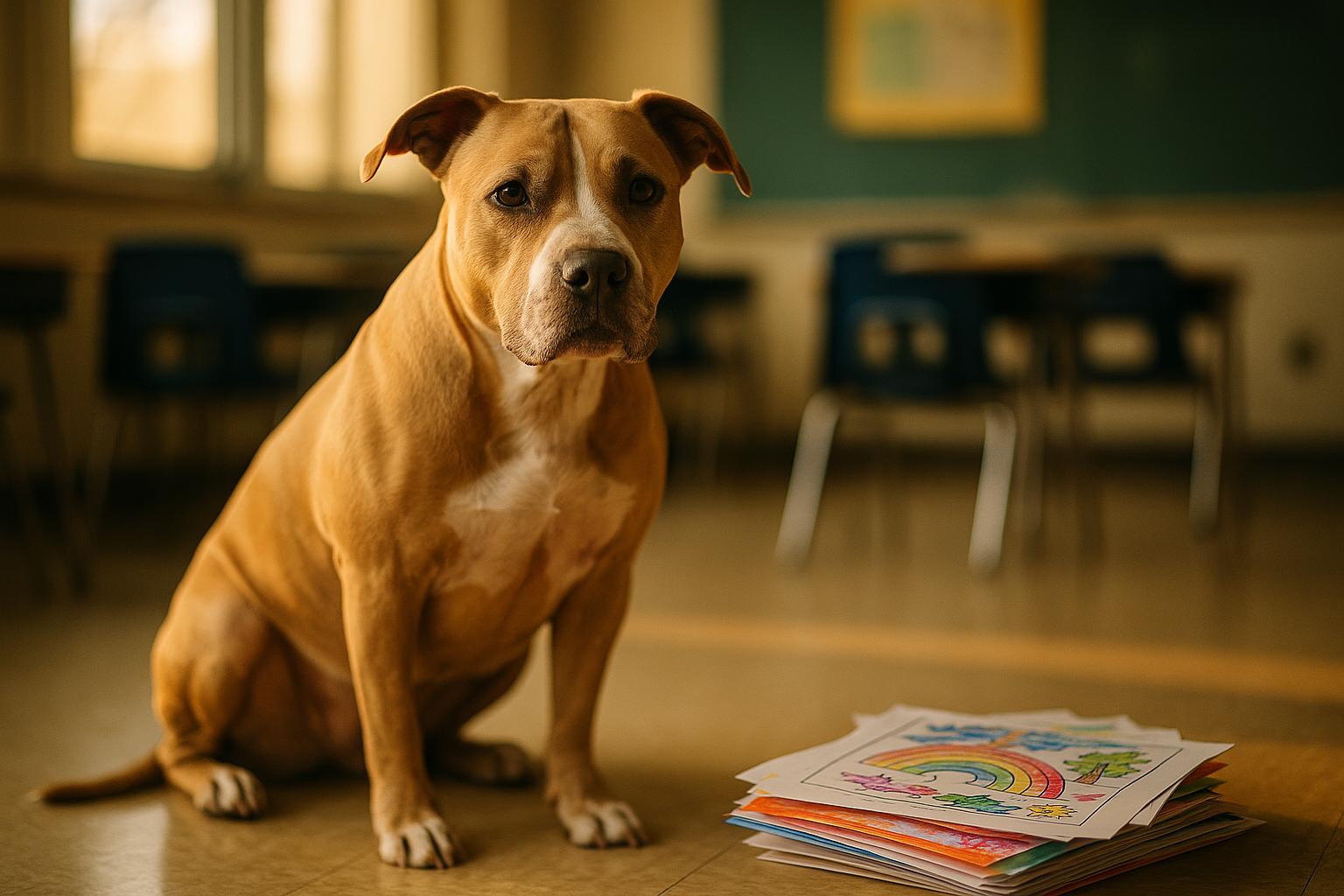 Opal the Pitbull mix sitting beside childrens' coloring sheets in a sunlit classroom