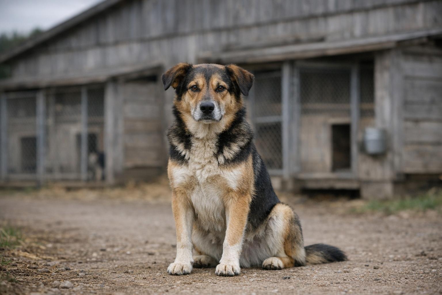 Medium-sized mixed-breed dog sitting in front of a rural kennel building in West Point, Iowa, under overcast light.