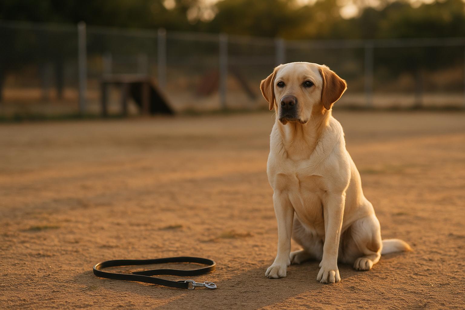 Labrador Retriever sitting attentively in a training yard at golden hour