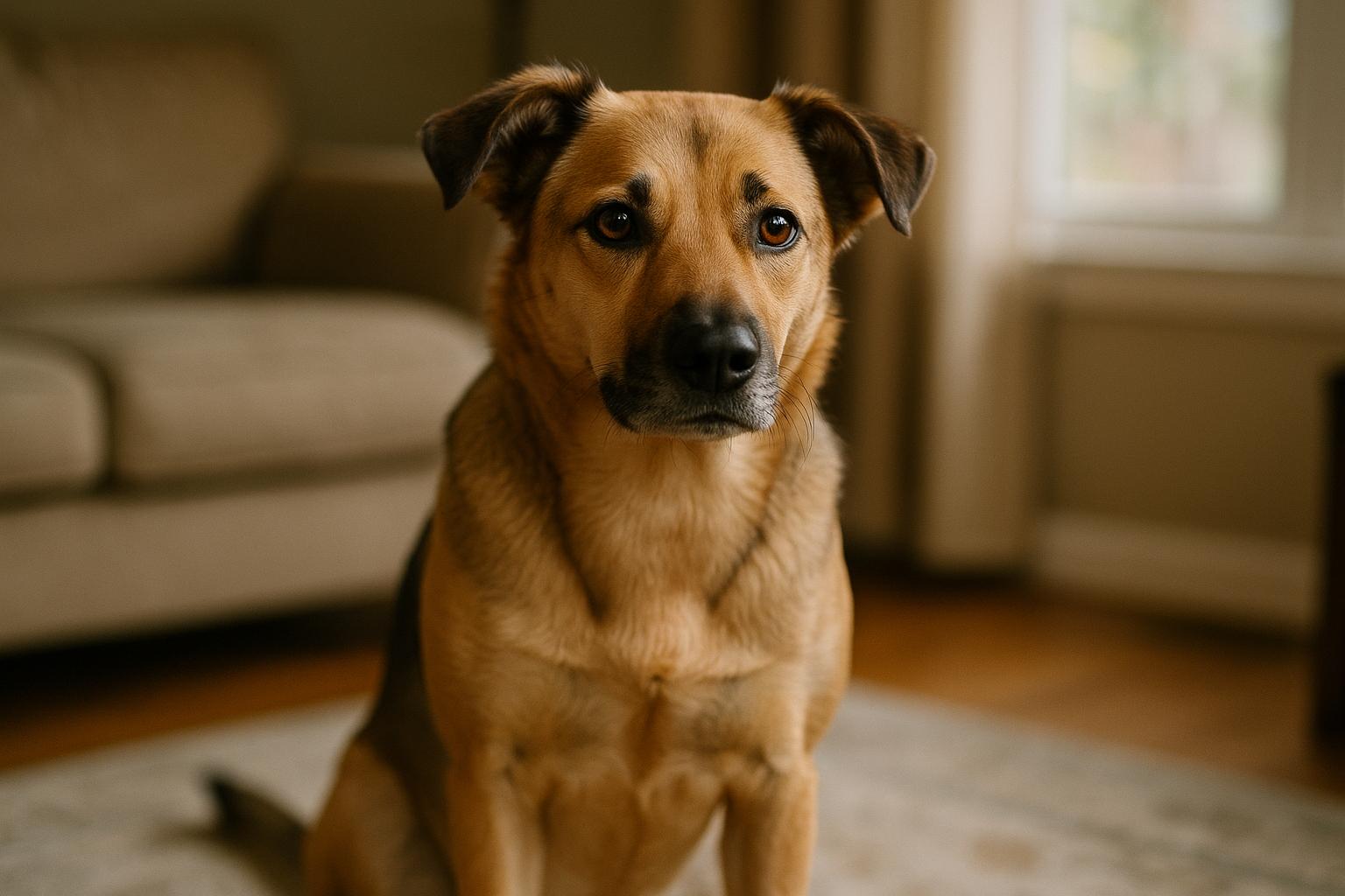 A medium-sized mixed-breed dog sitting calmly in a living room, showing relaxed body language.