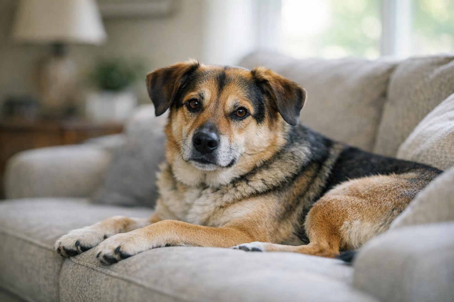 A shelter dog resting calmly on a couch in a home living room, illustrating a short-term foster placement.