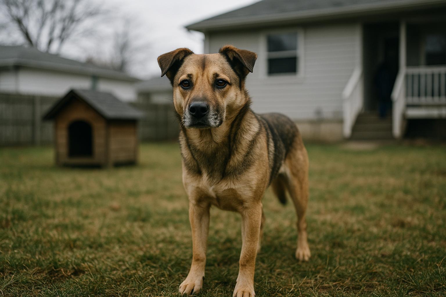 Mixed-breed dog in a suburban backyard near a wooden doghouse under overcast winter sky