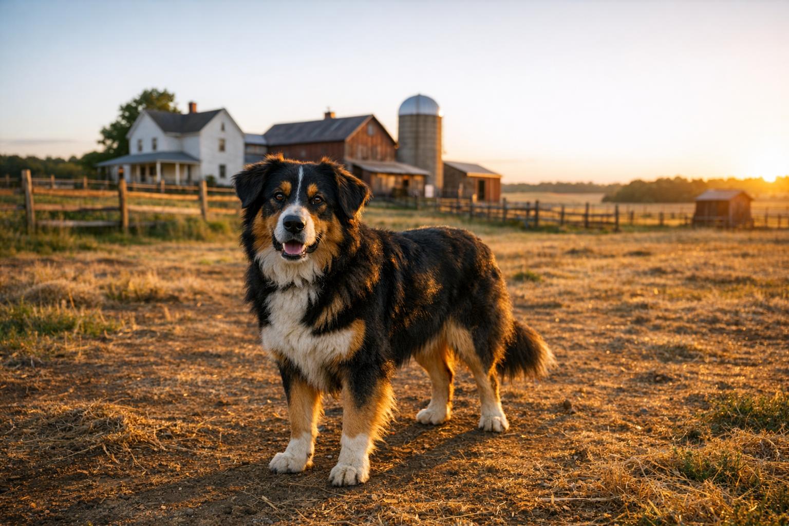 A Bernese Mountain Dog–German Shepherd mix with a fluffy warm-colored coat standing in a sunlit farm field during golden hour.