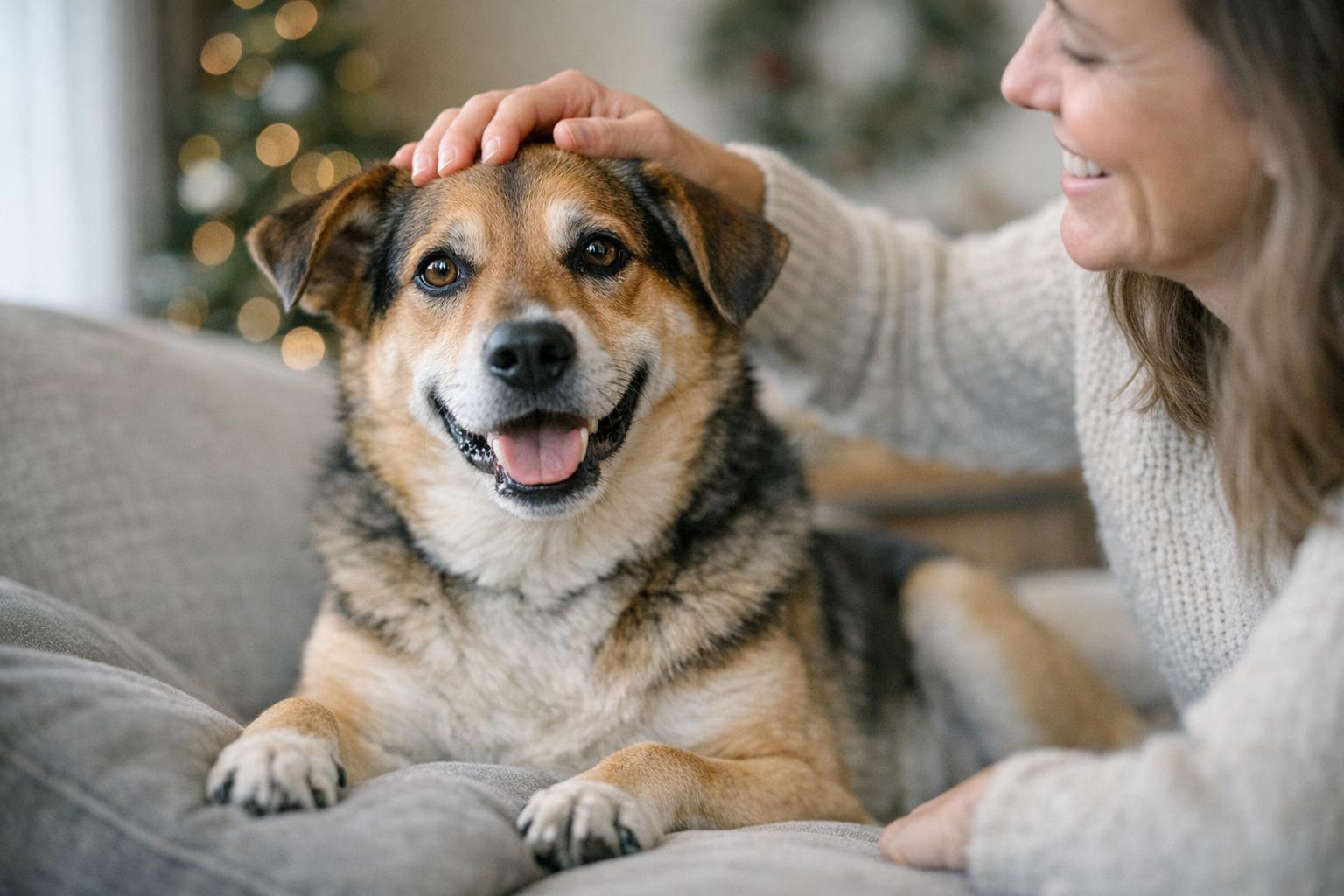 A mixed-breed dog on a living room sofa being petted by an adult during a trial holiday foster stay