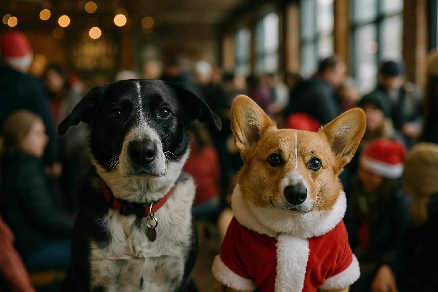 Black-and-white dog and a Corgi in a small Santa outfit at an indoor holiday dog-photo event, with a blurred crowd in the background