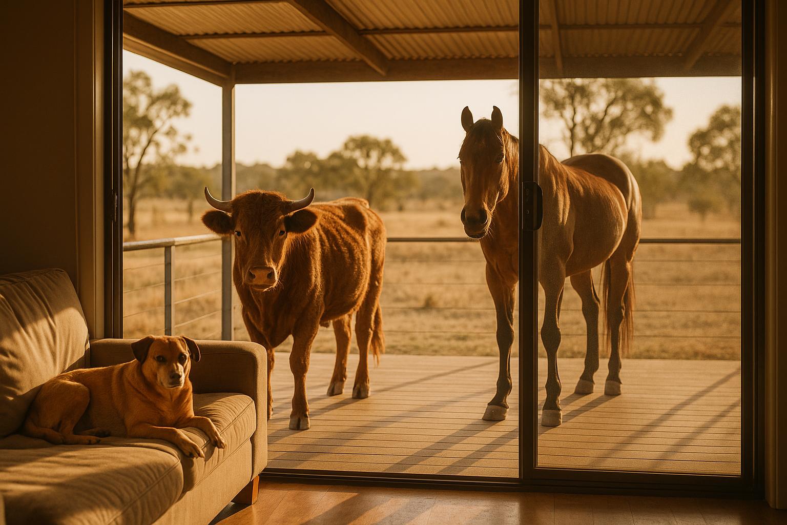 Two dogs, Thunder and Sunny, sleeping on a couch visible through an open sliding glass door while a steer named Sue and a horse stand on the back veranda.
