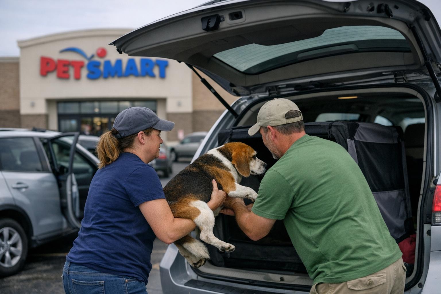 A beagle being lifted into a minivan at a Petsmart parking lot during a cross-country rescue transport