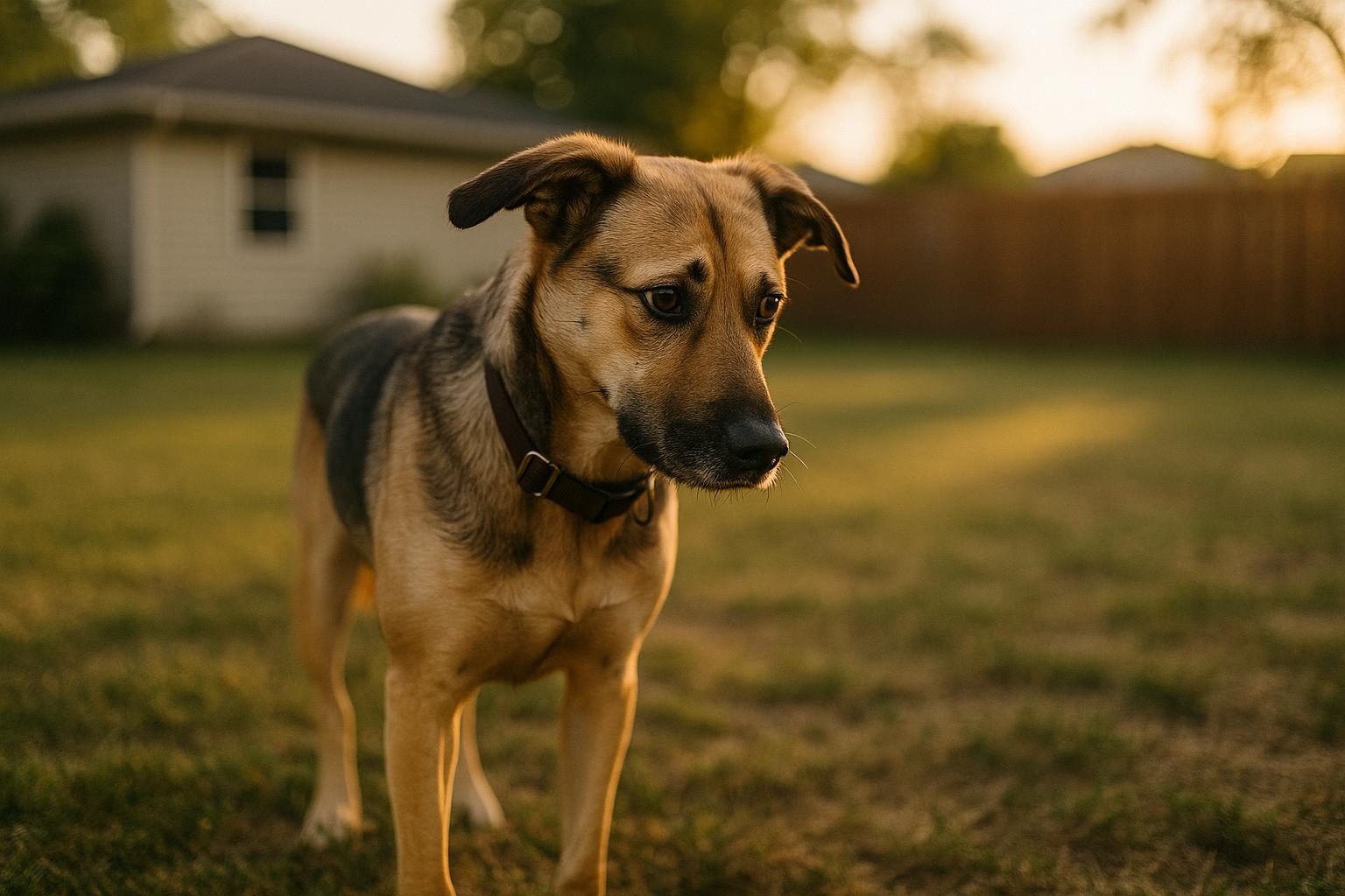 A medium-sized mixed-breed dog standing alert in a suburban backyard during golden hour, representative of a shy or leash-reactive dog in a virtual training program
