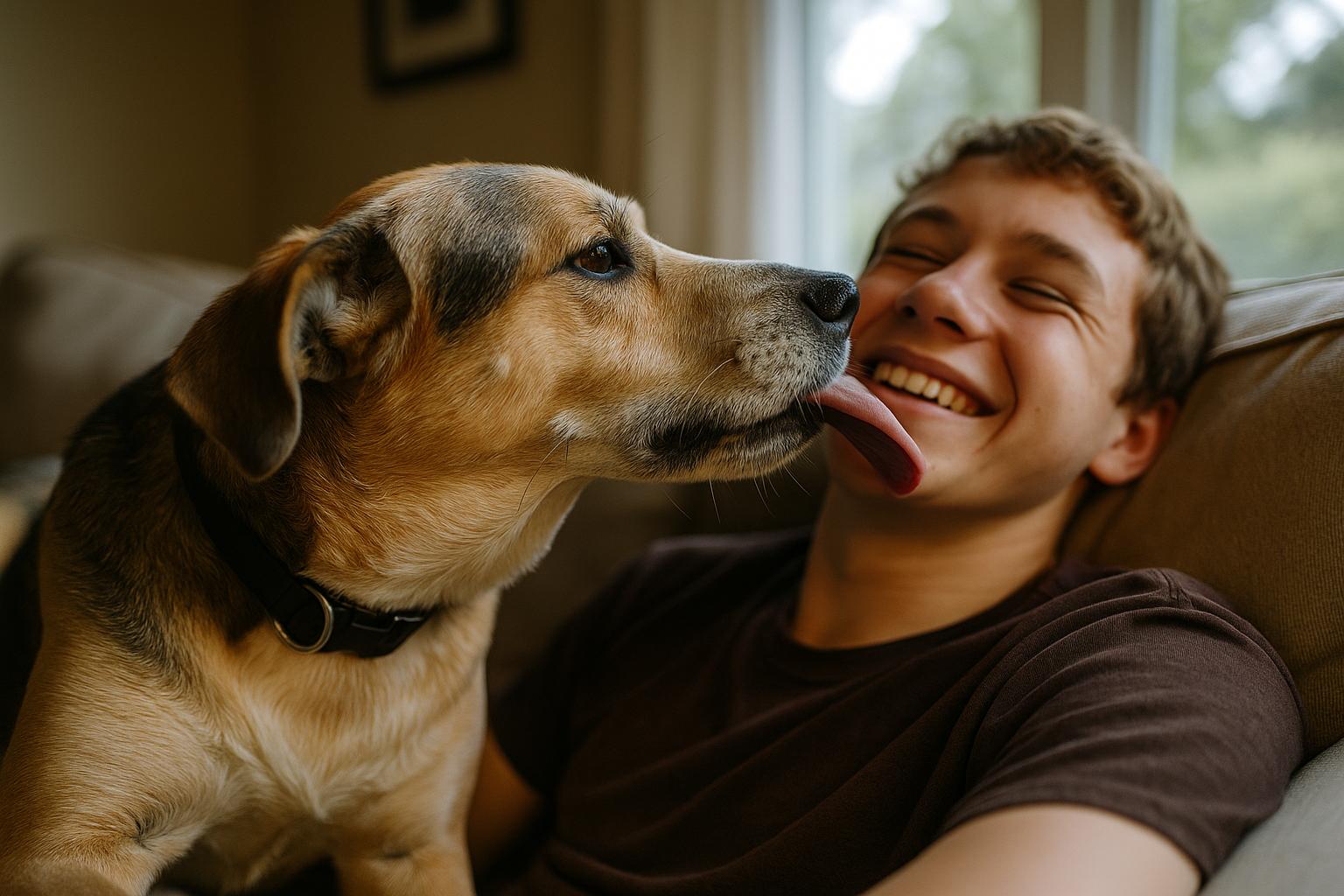A family dog licking a teenager's face on a couch in soft window light