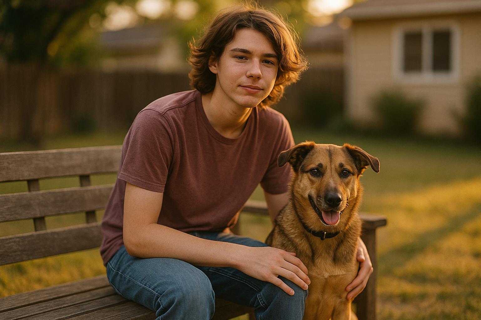 Teenager sitting with a mixed-breed dog in a backyard at golden hour