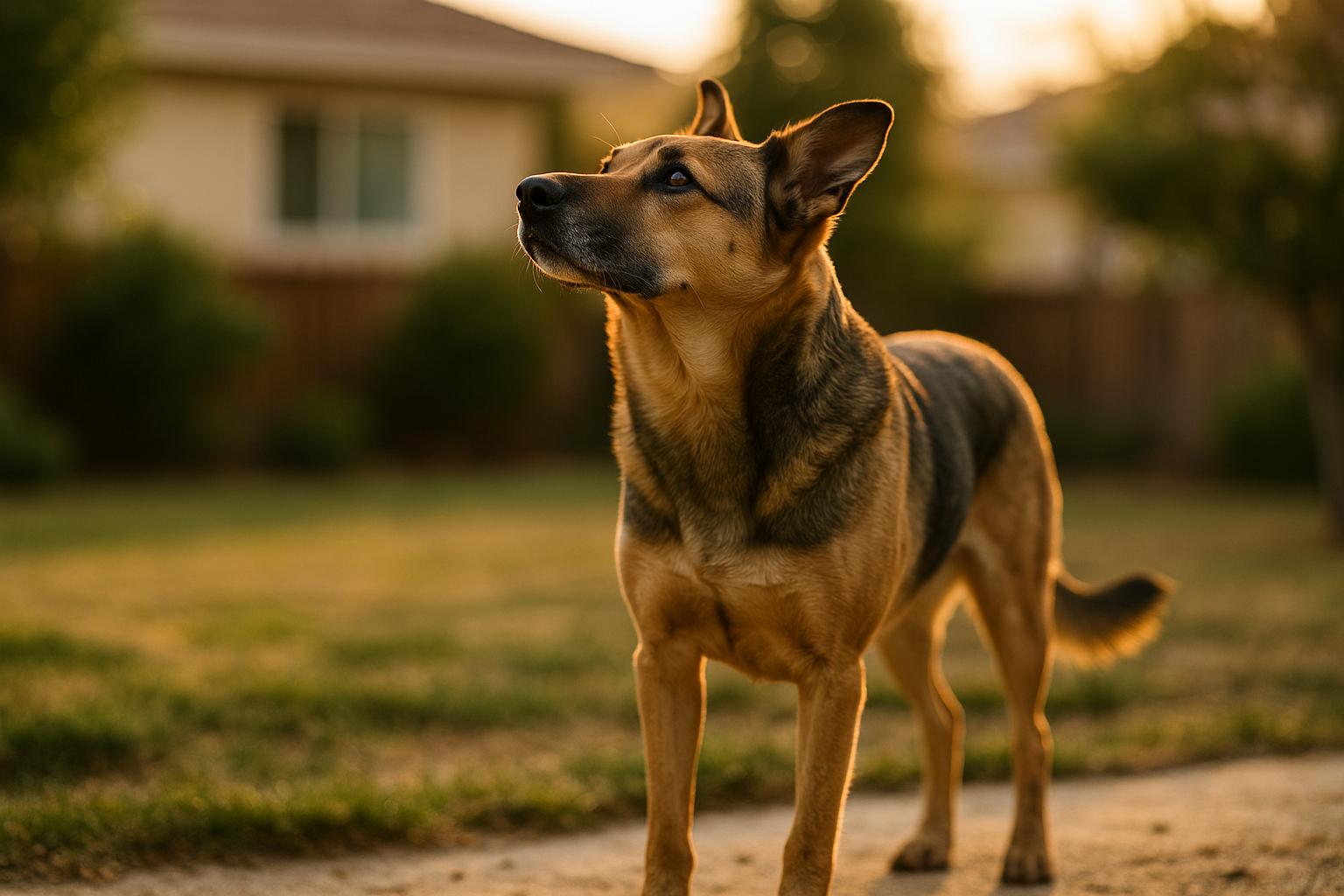 Mixed‑breed dog off leash in a Santa Clarita backyard during golden hour with a trainer out of frame