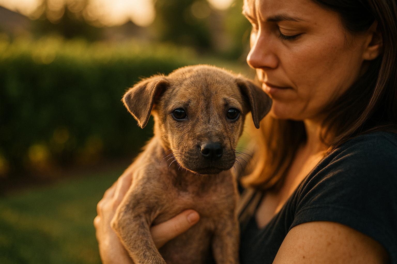 Peanut, a small recovered puppy with regrown fur, being held in a garden at golden hour