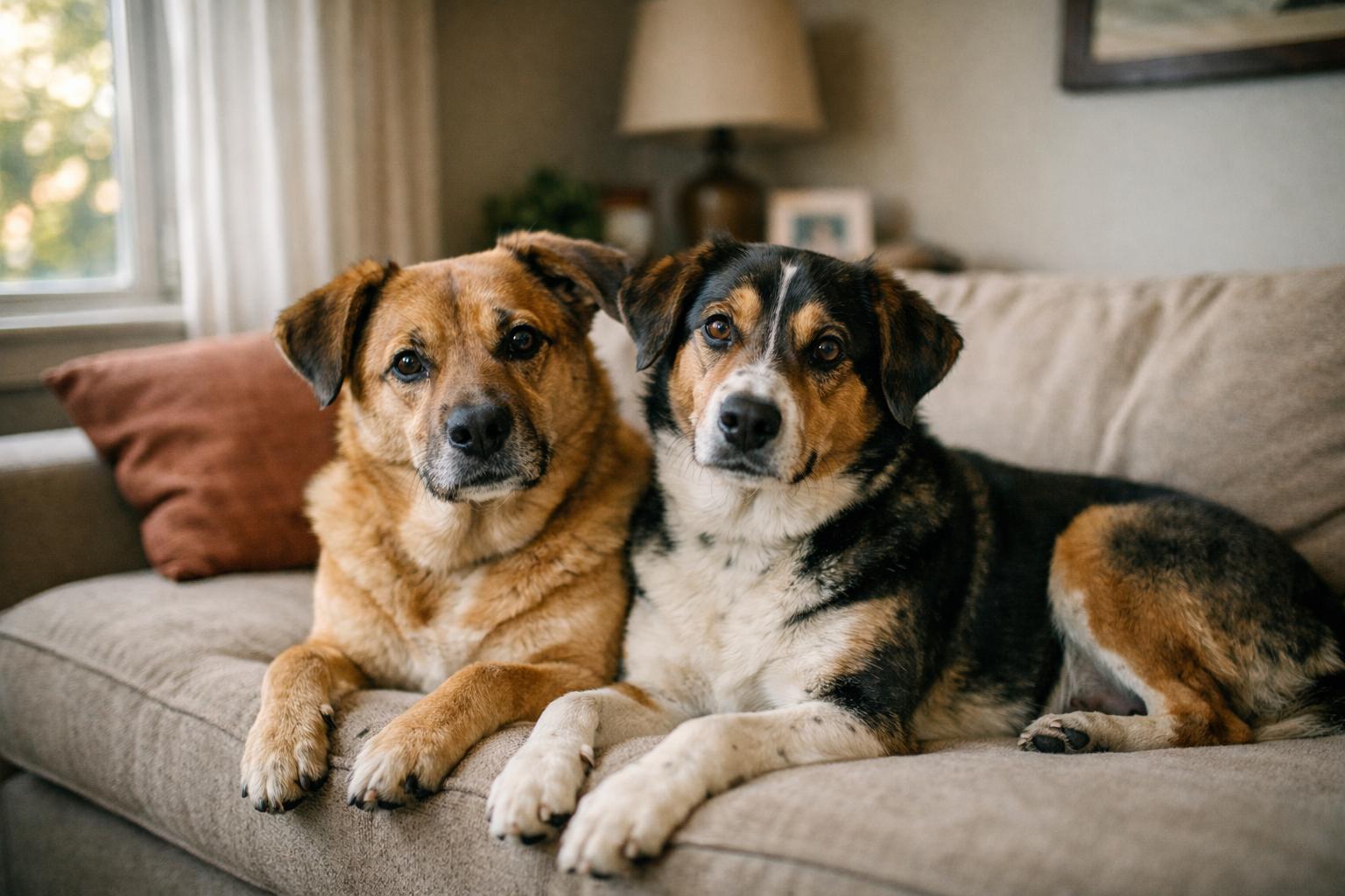 Two medium mixed-breed family dogs sitting on a living room couch in soft afternoon light.