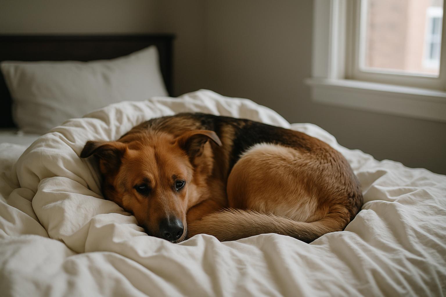 Marlo, a golden retriever–German shepherd mix, curled up and wrapped in rumpled bedding on a bed in a sunlit bedroom.