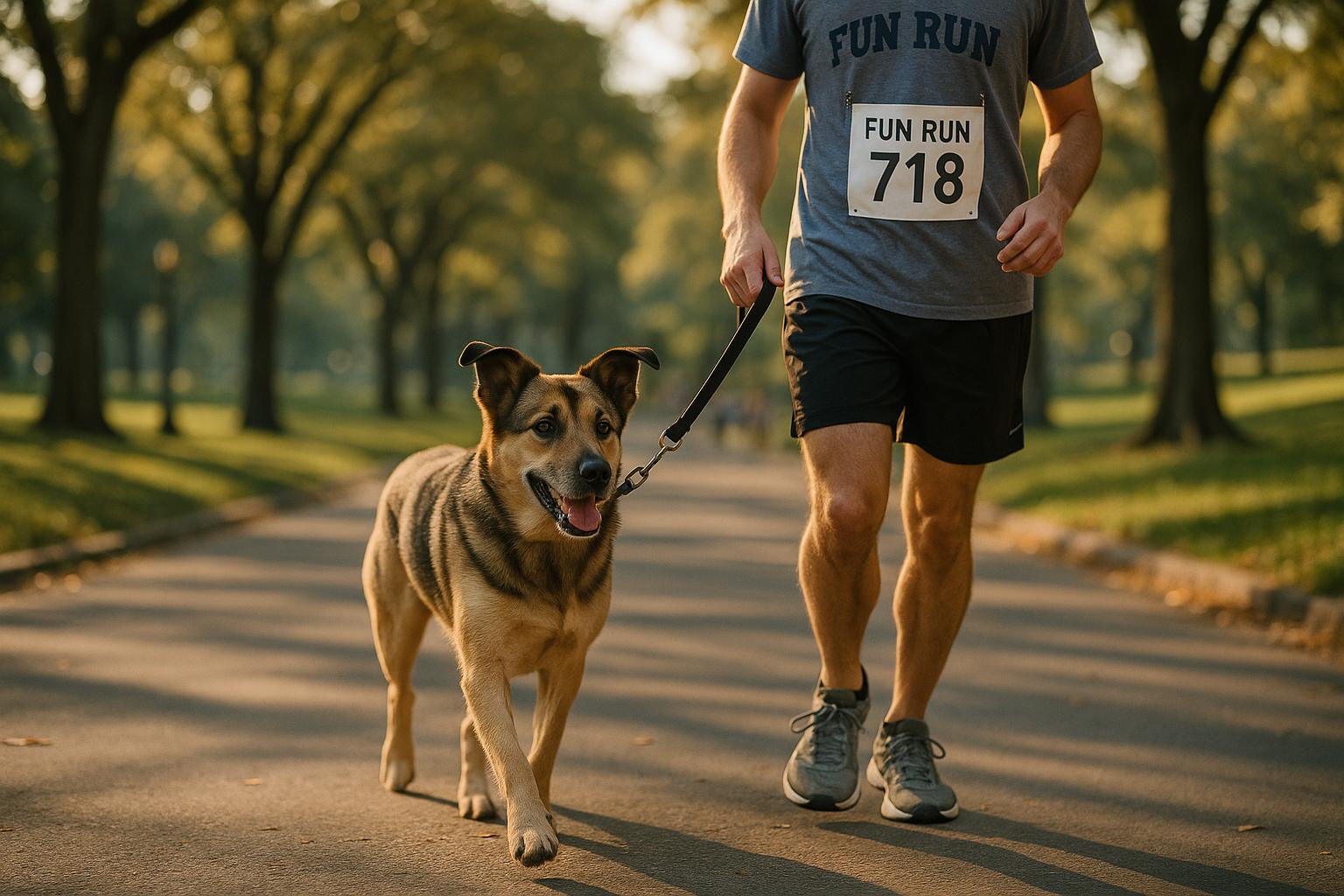 Dog and owner walking along a tree-lined path in Central Park during a community 5K fun run.