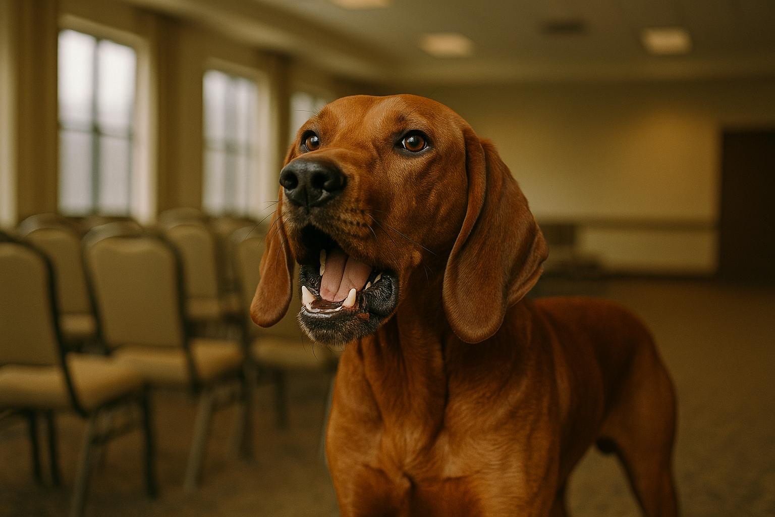 Redbone coonhound Mason mid-bark in a hotel conference room, close-up portrait showing fur texture and alert expression