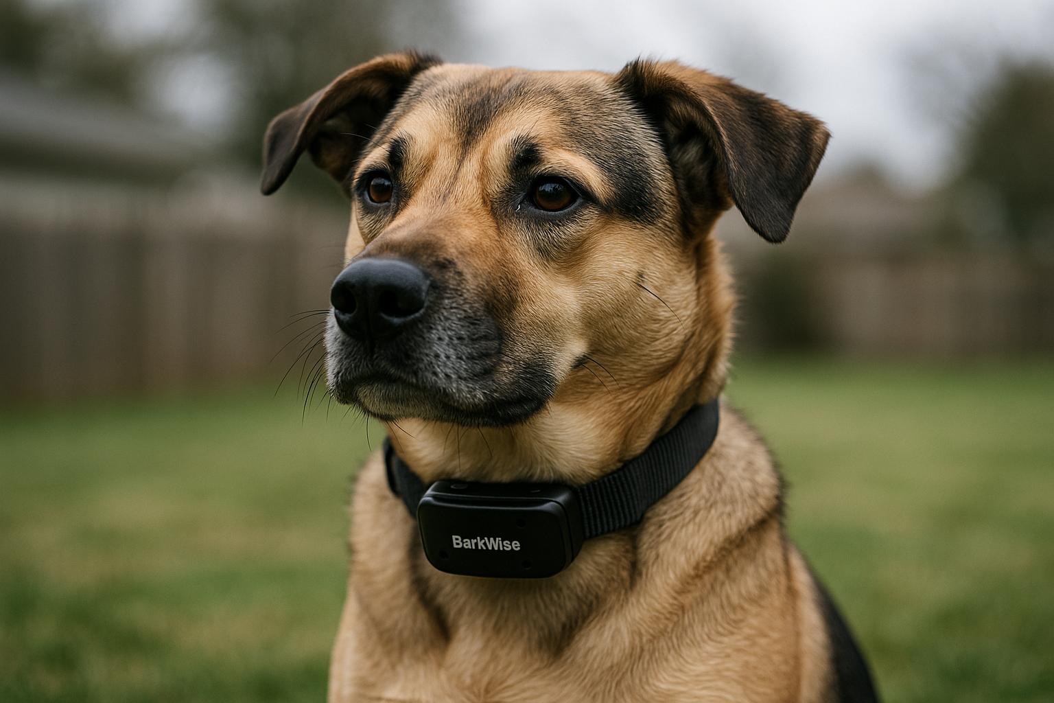 Medium-sized mixed-breed dog wearing a BarkWise collar, close-up in a suburban backyard