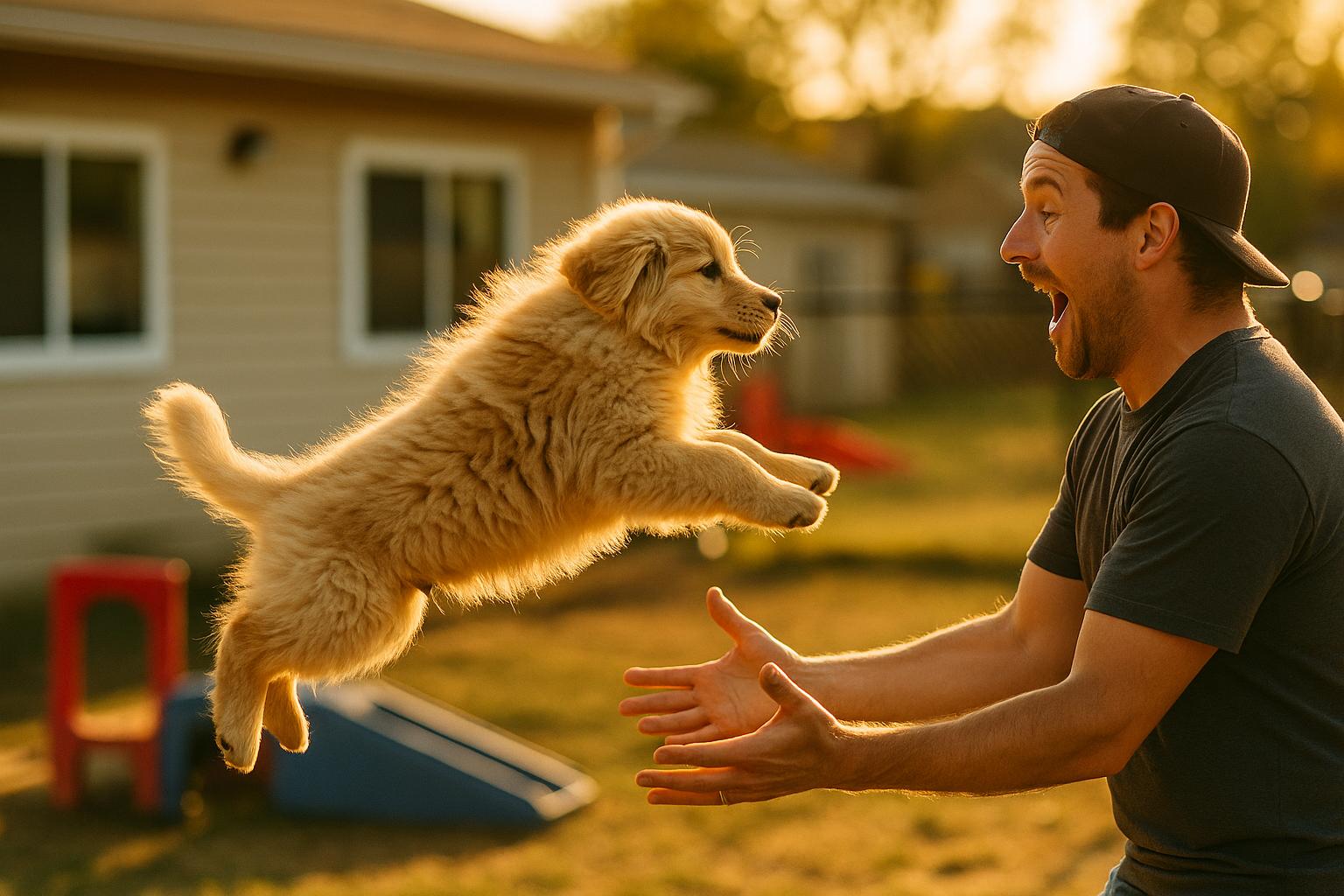 Golden Retriever puppy Bauer leaping into his father's arms outside a daycare during golden hour