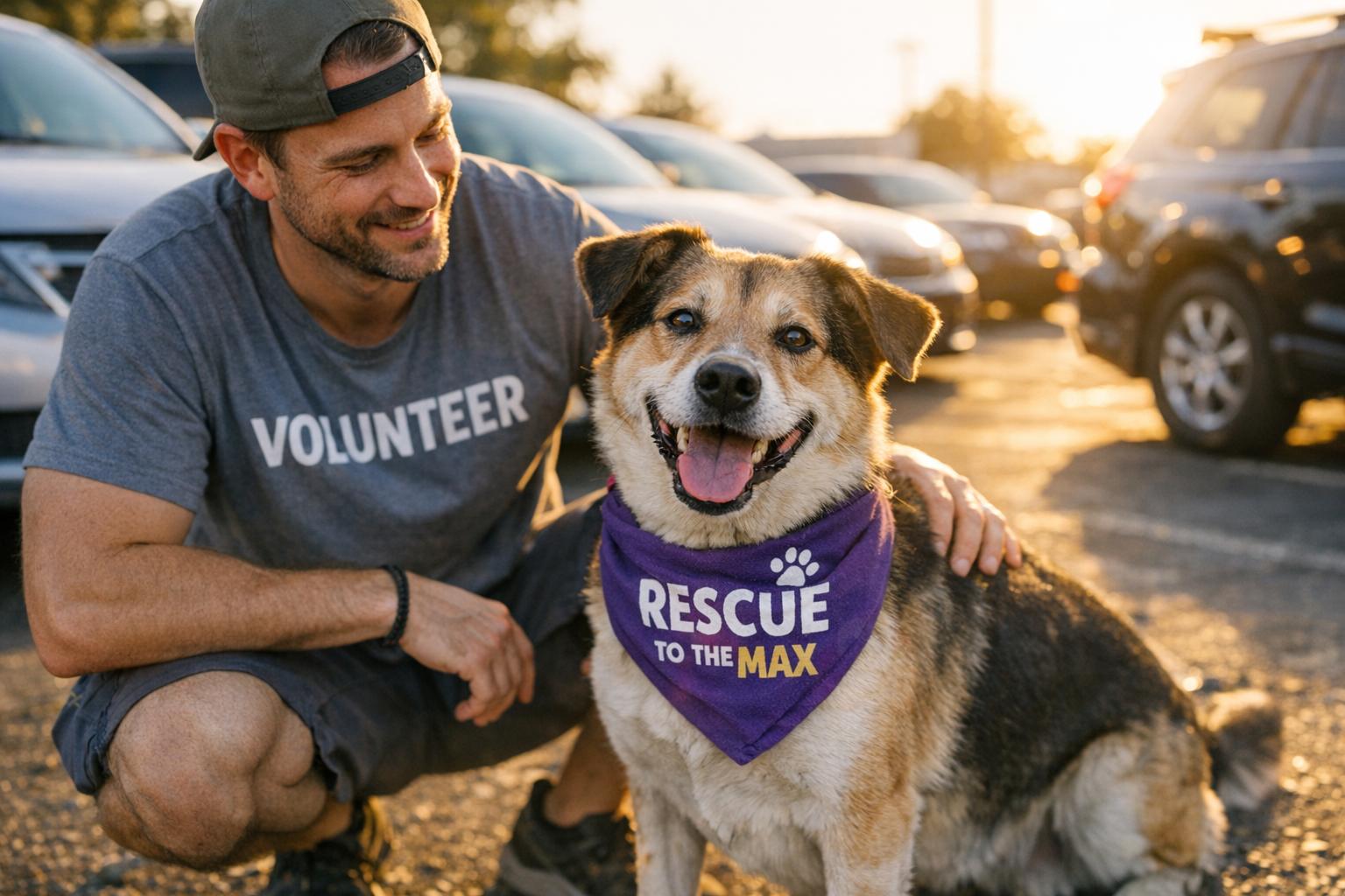 Volunteer with a mixed-breed dog wearing a Rescue to the Max bandana in a parking lot car show