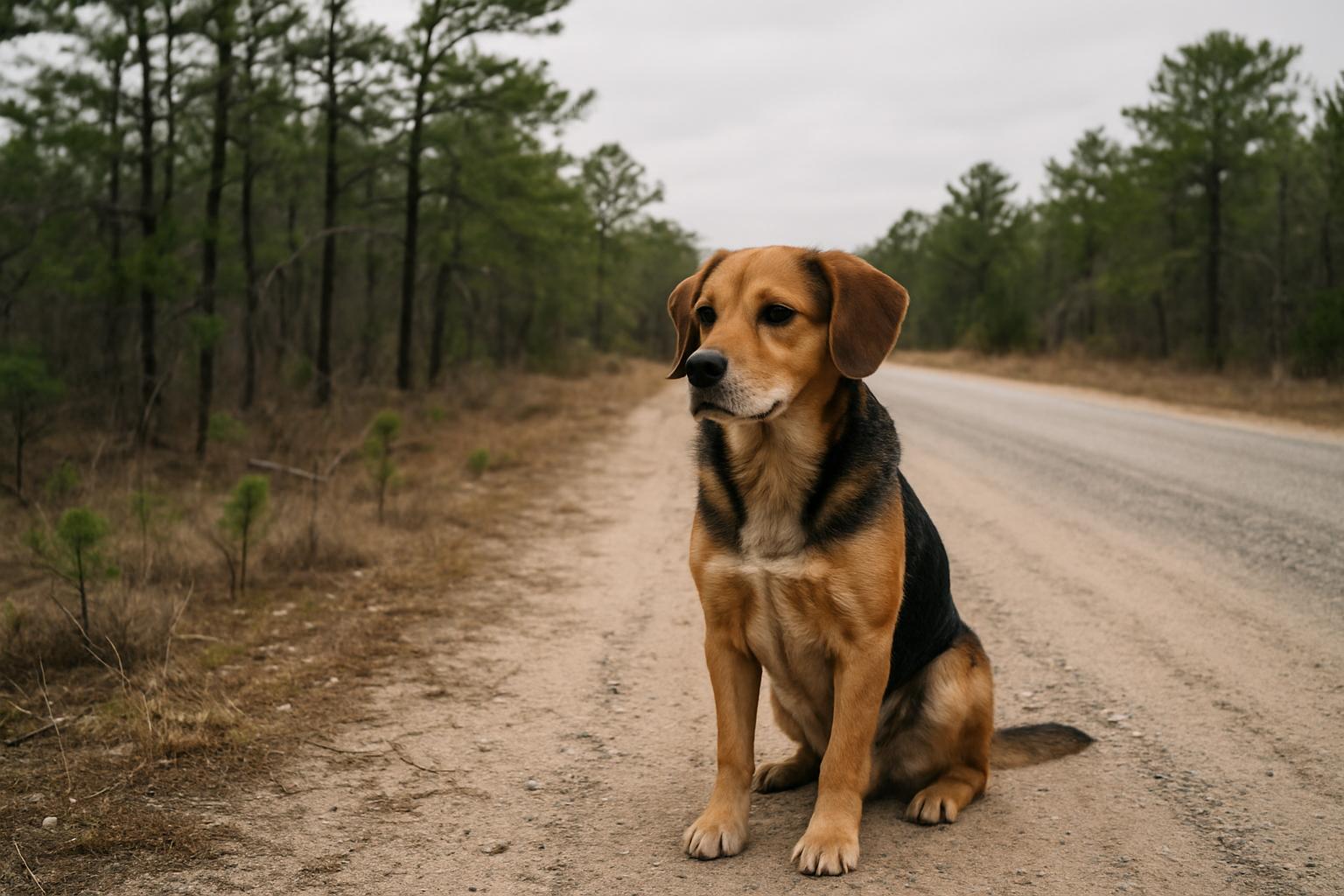 9-year-old beagle mix sitting alert at the edge of a rural roadside near wooded area