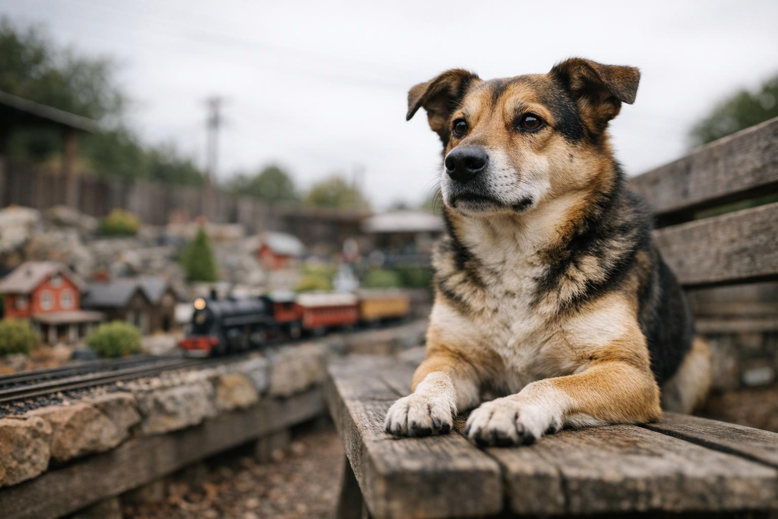 A mixed-breed dog sits on a bench at a train garden with a blurred model train display in the background under overcast skies.