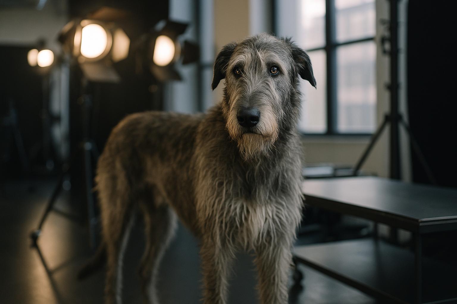An Irish Wolfhound standing in a television studio near production lights, photographed in soft indoor light