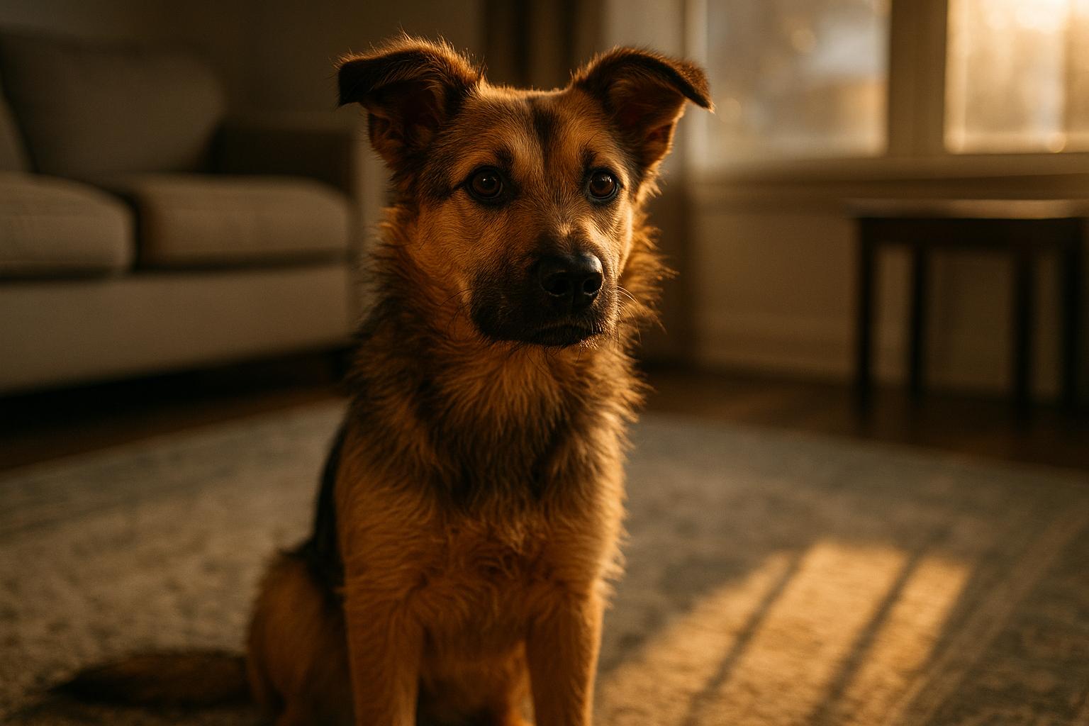 Charley, a 3-year-old shepherd mix, sitting in a foster home living room bathed in golden hour light