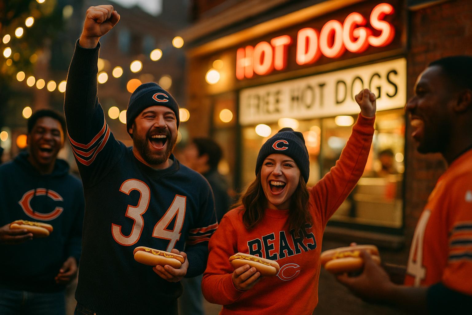 Fans outside a Chicago hot dog stand celebrating with hot dogs as evening light falls