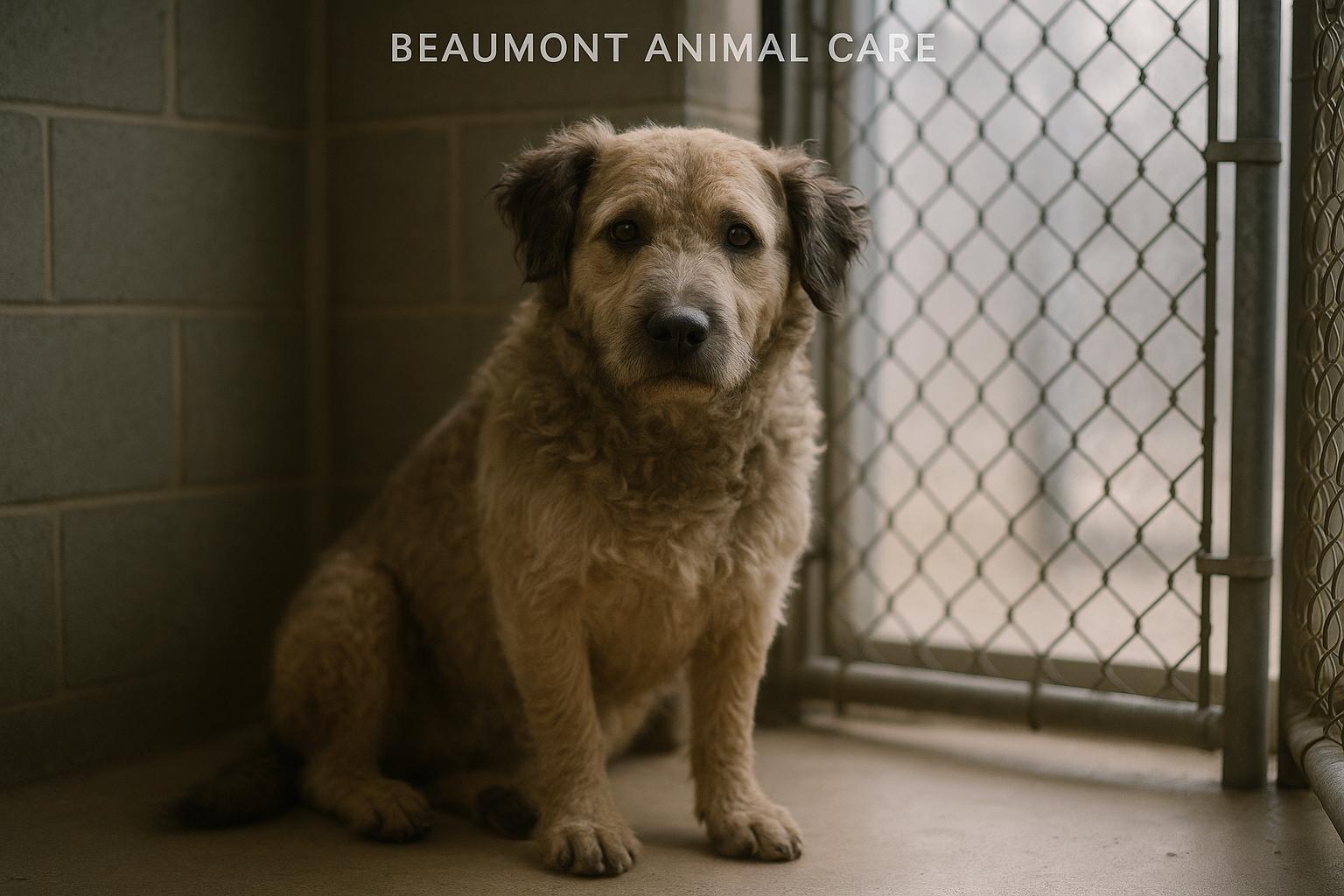 Mixed-breed shelter dog sitting calmly in a kennel at Beaumont Animal Care
