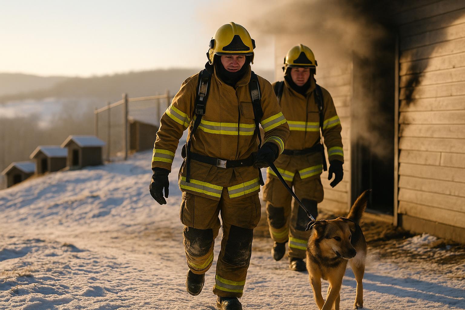 Firefighters in cold-weather gear lead a dog away from a smoke-streaked kennel on a snowy hill in the early morning.