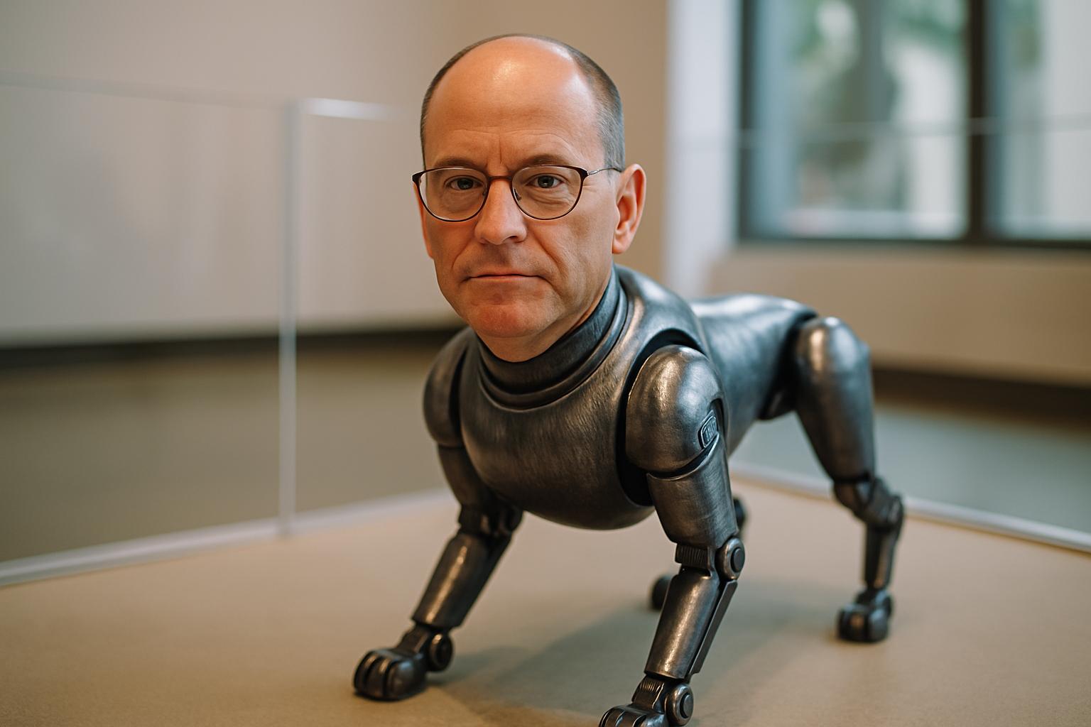 A robot dog with a hyper-real human head displayed inside a gallery pen at Art Basel Miami Beach