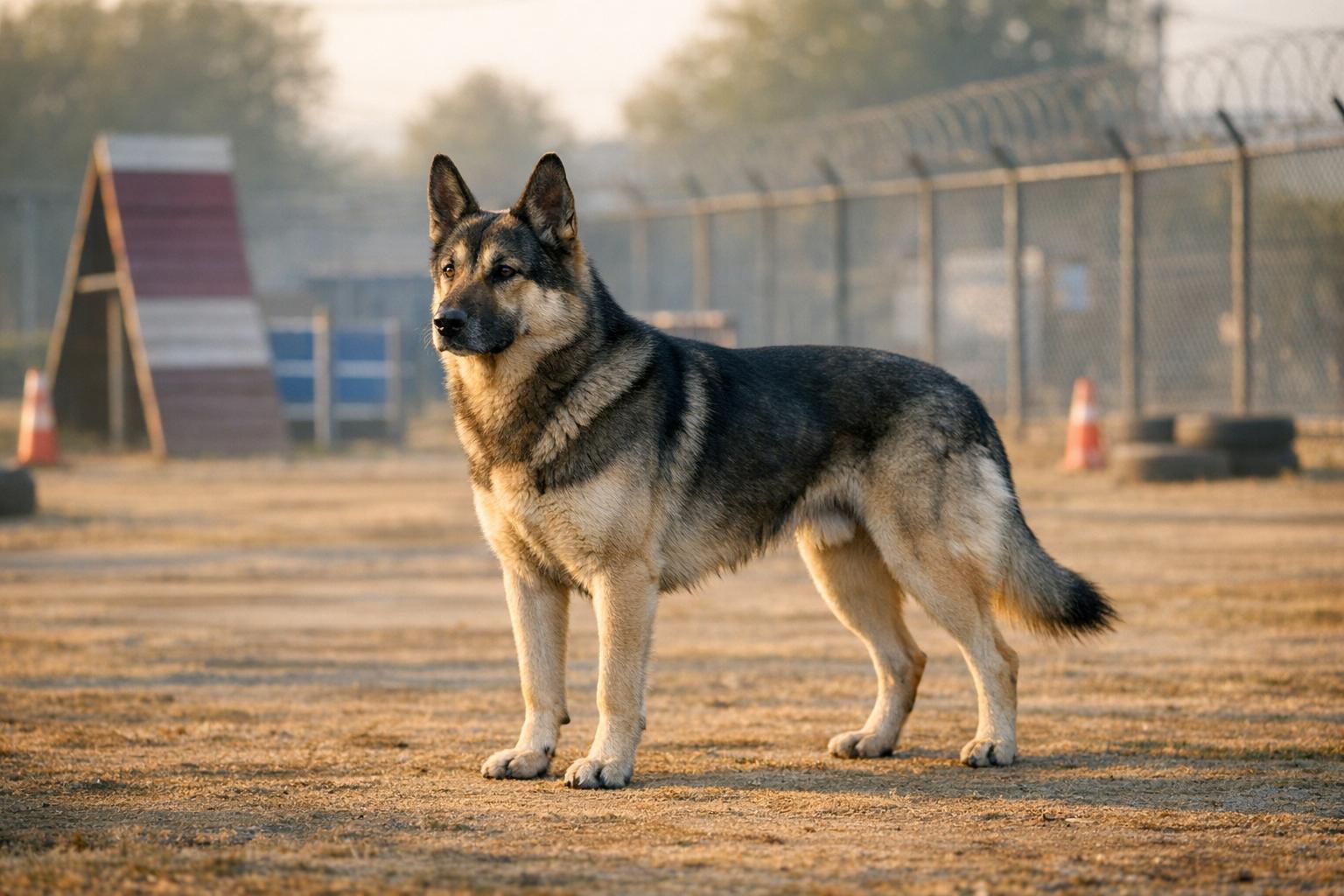 Kunming dog standing alert on a police training field during golden hour