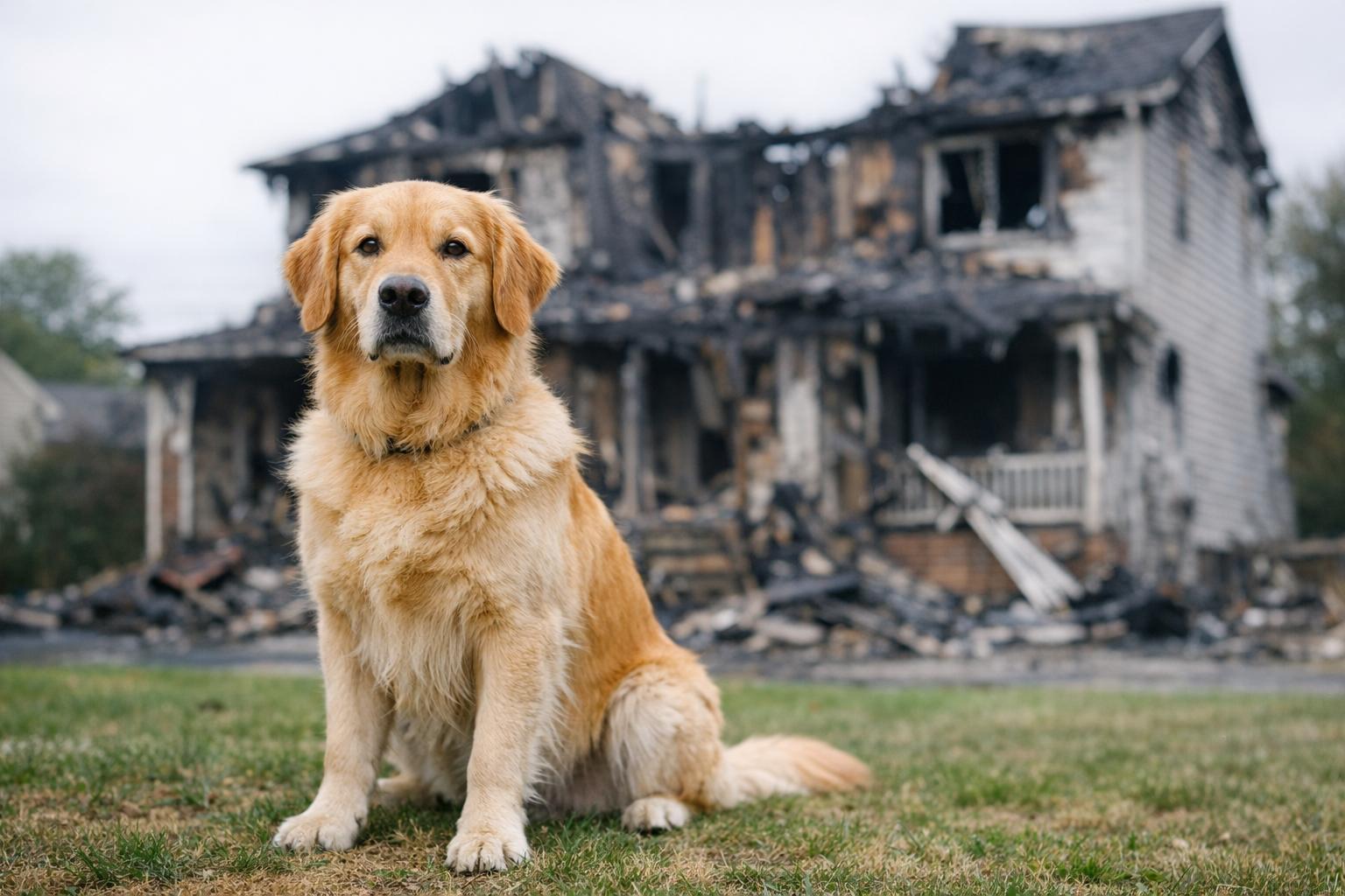 Golden retriever in front of a charred house on a suburban lawn after a fire in Bel Air