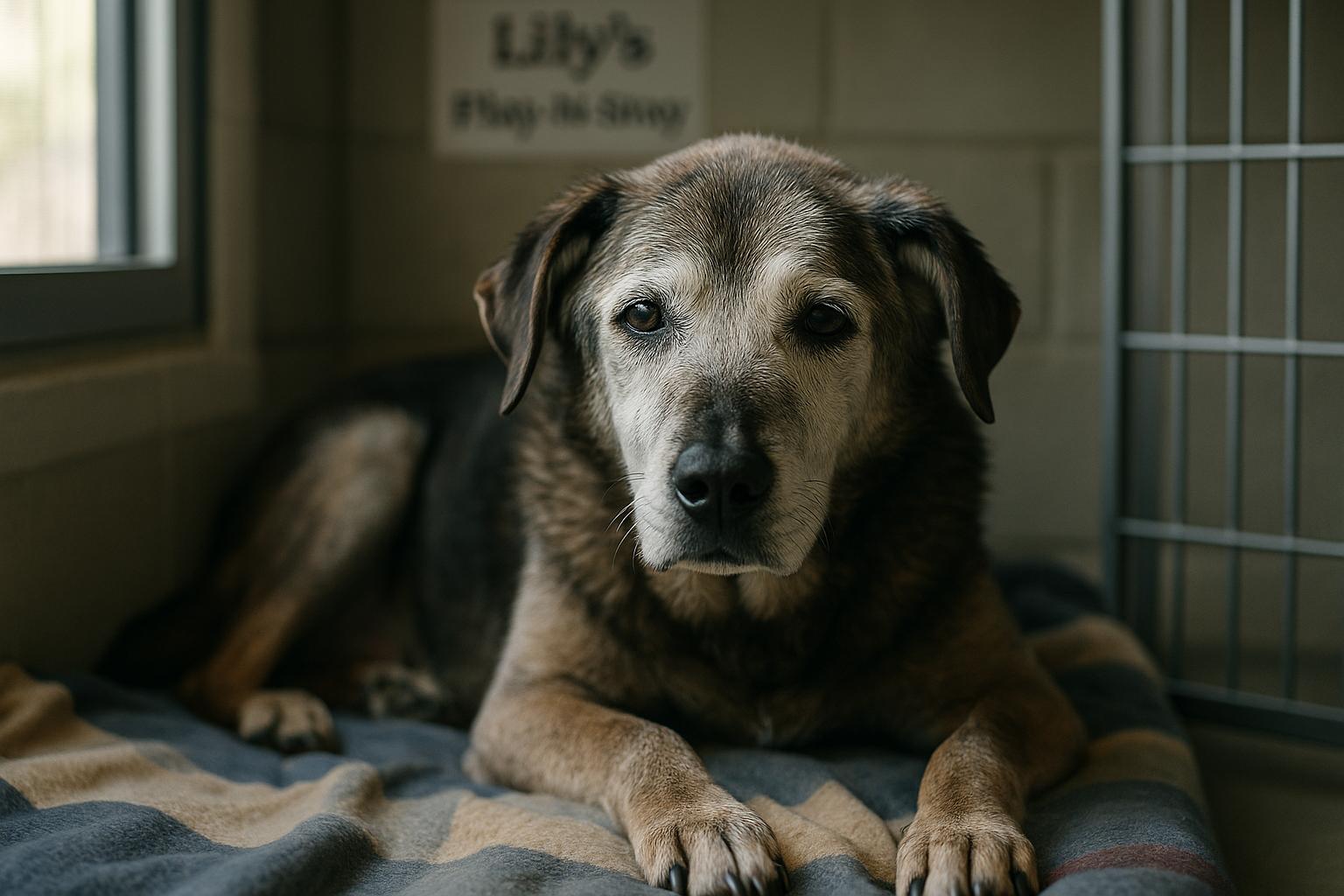 Senior 17-year-old dog resting on a blanket inside a shelter kennel at Lily's Play-N-Stay