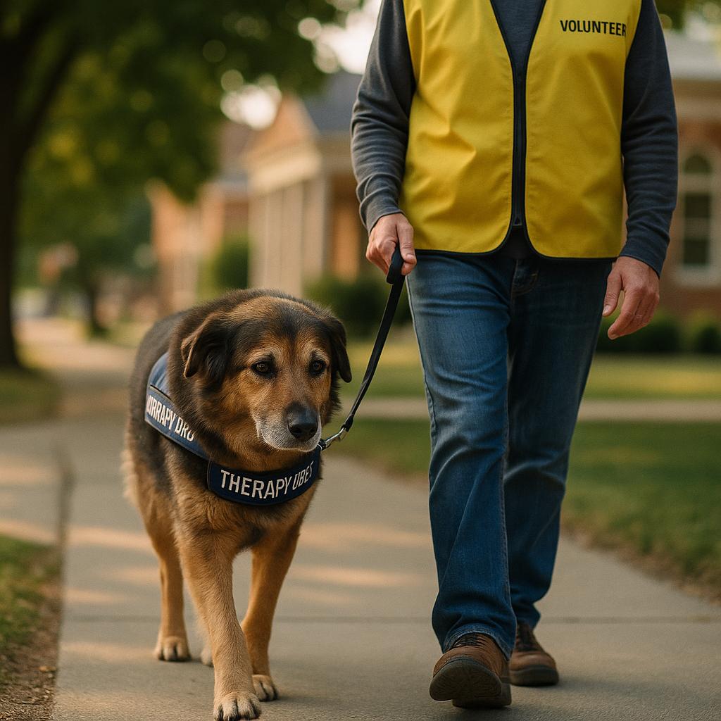 Therapy dog and handler walking near a community building in Bemidji, Minnesota