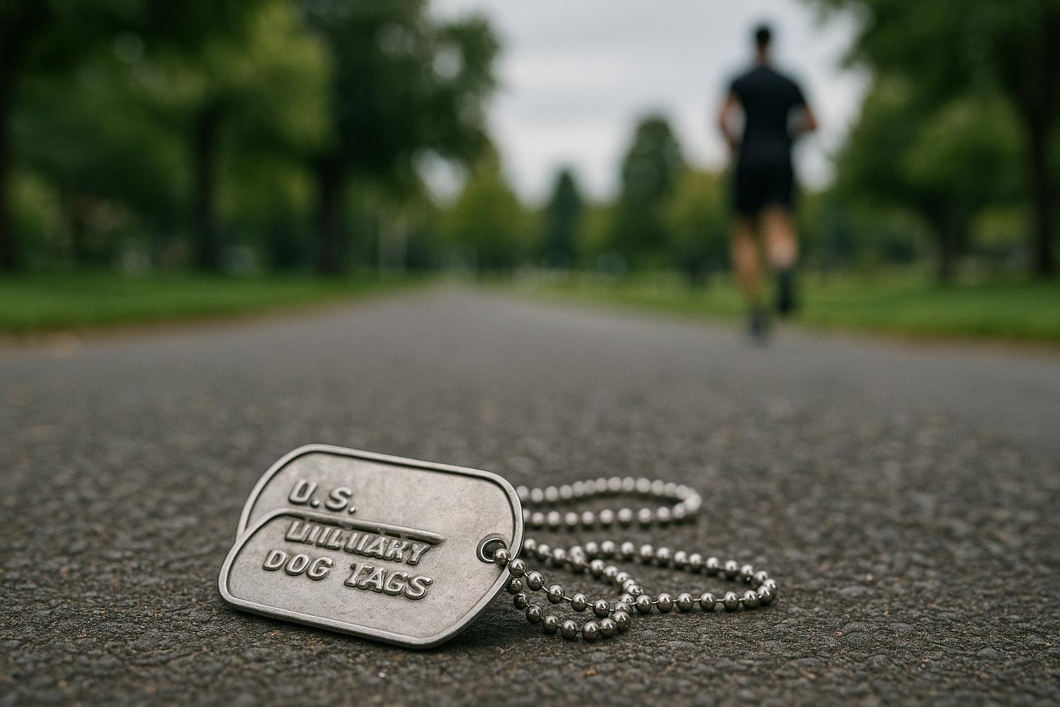A close-up of a pair of U.S. military dog tags resting on a paved park path with a blurred jogger in the background.