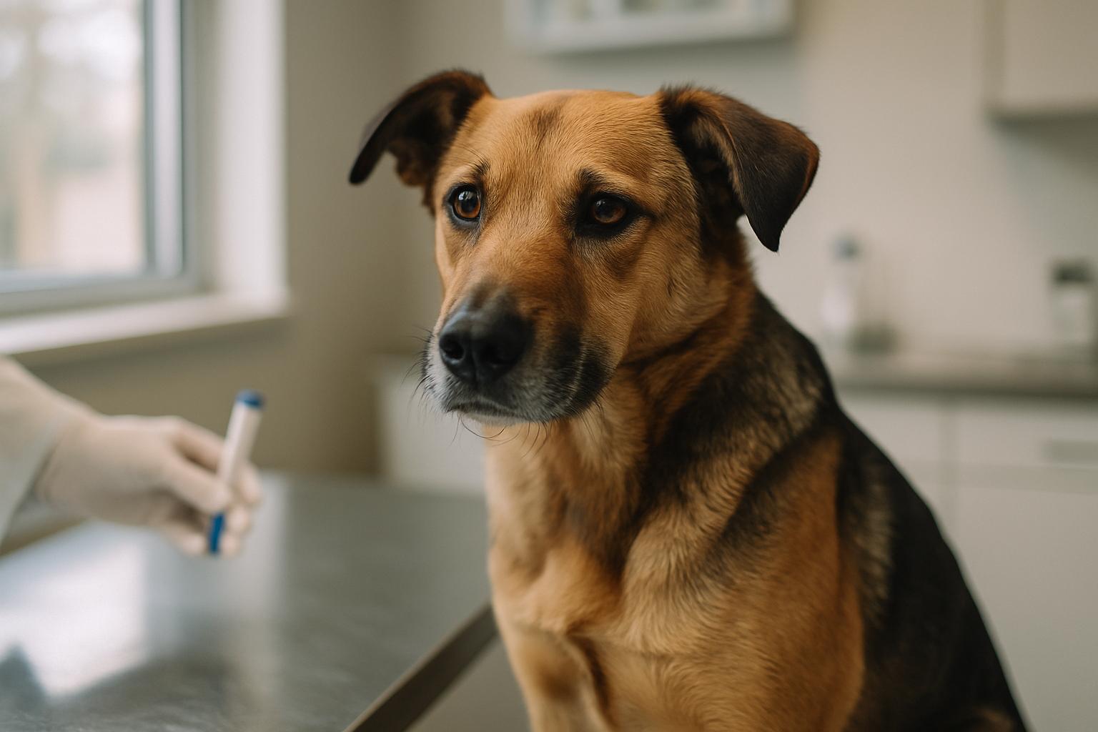 A healthy medium-sized dog in a veterinary clinic, examined under natural window light while a veterinarian prepares a sterile sample tube.
